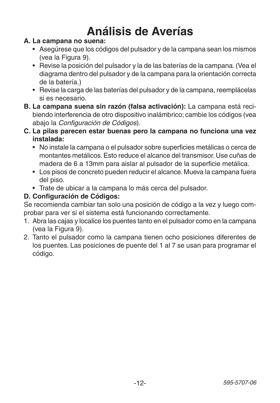 Análisis de averías | Heath Zenith 595-5707-06 User Manual | Page 12 / 24