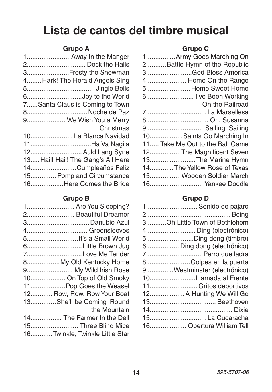 Lista de cantos del timbre musical | Heath Zenith 595-5707-06 User Manual | Page 14 / 24