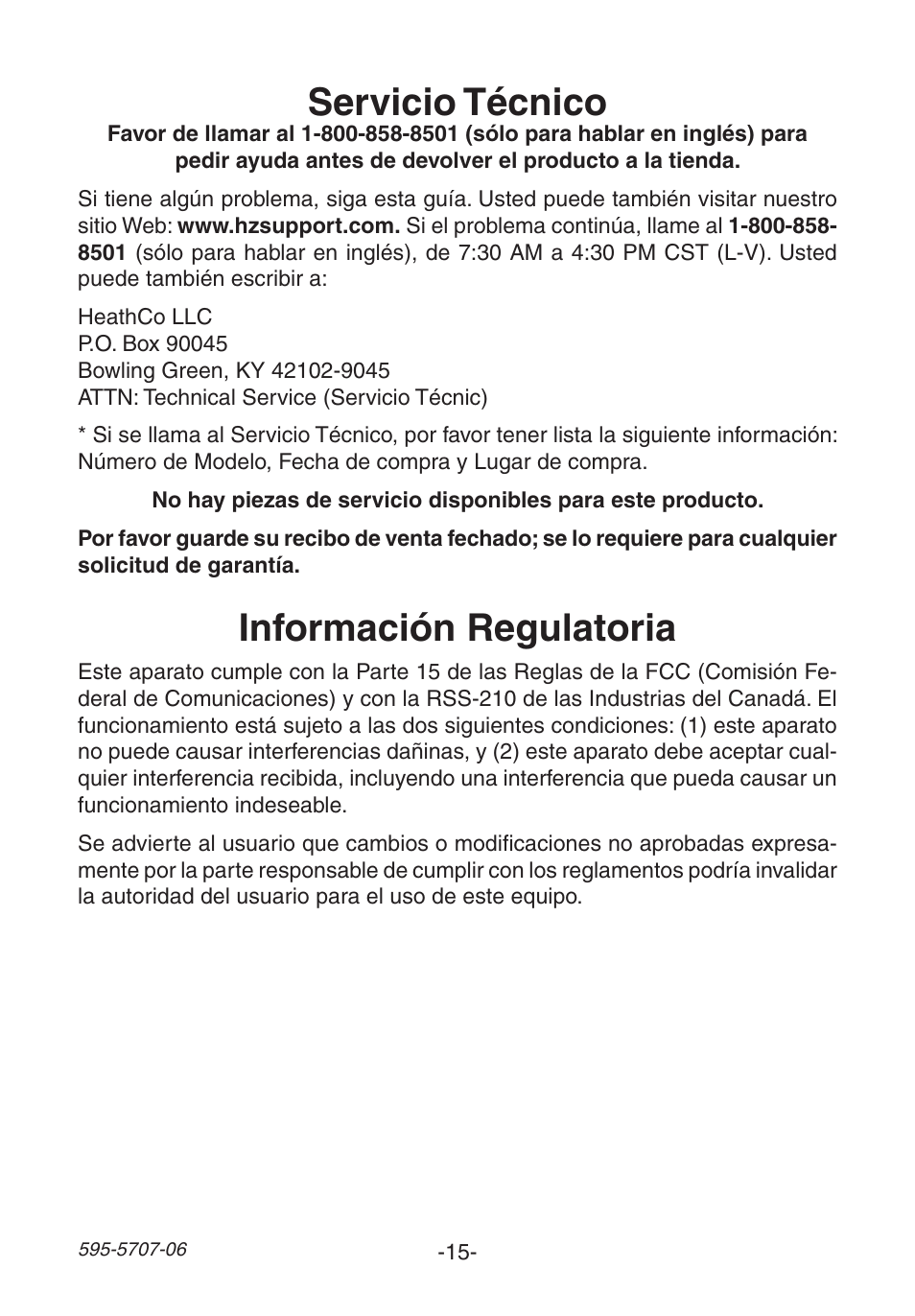 Servicio técnico, Información regulatoria | Heath Zenith 595-5707-06 User Manual | Page 15 / 24