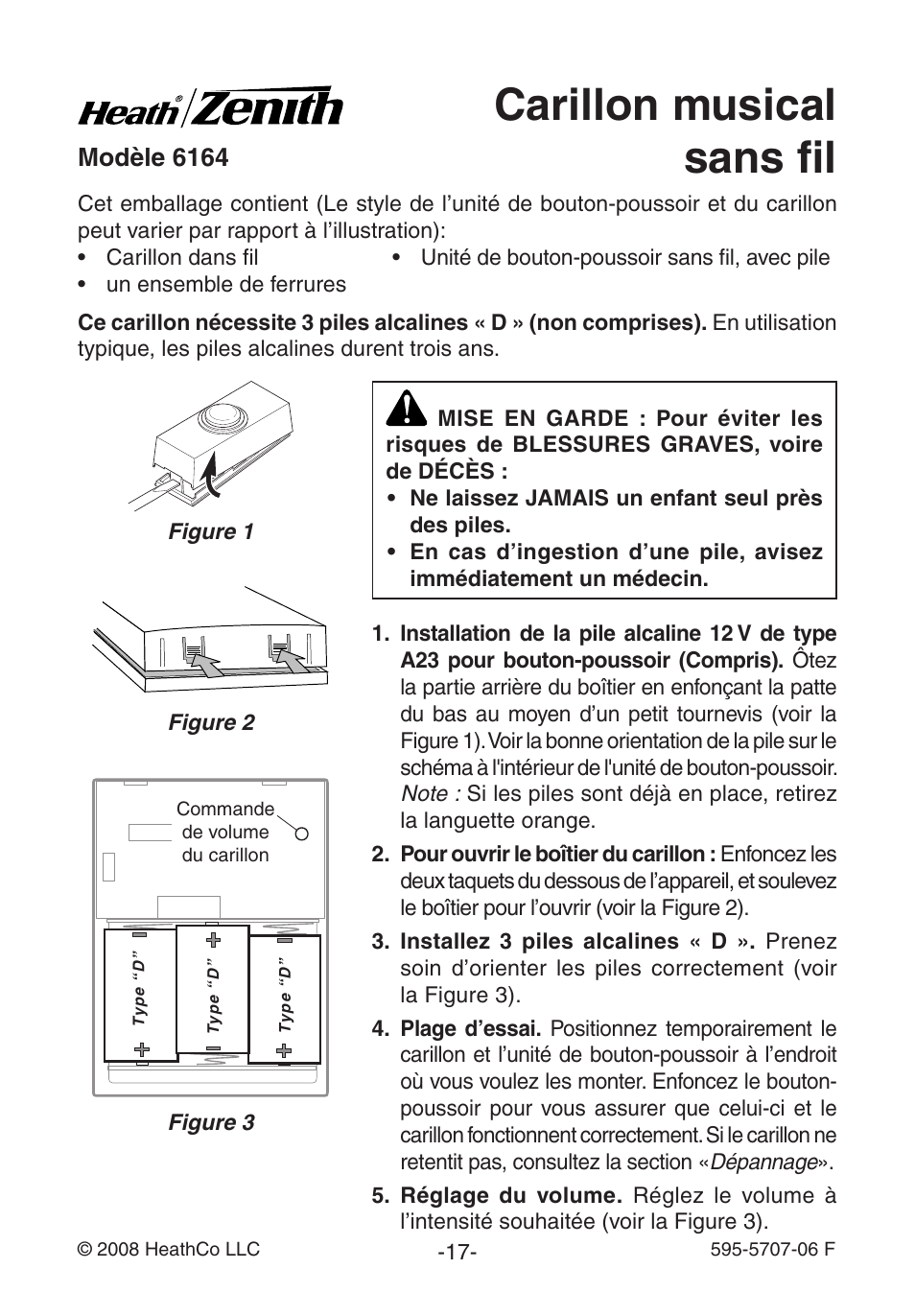 Carillon musical sans fil, Modèle 6164 | Heath Zenith 595-5707-06 User Manual | Page 17 / 24