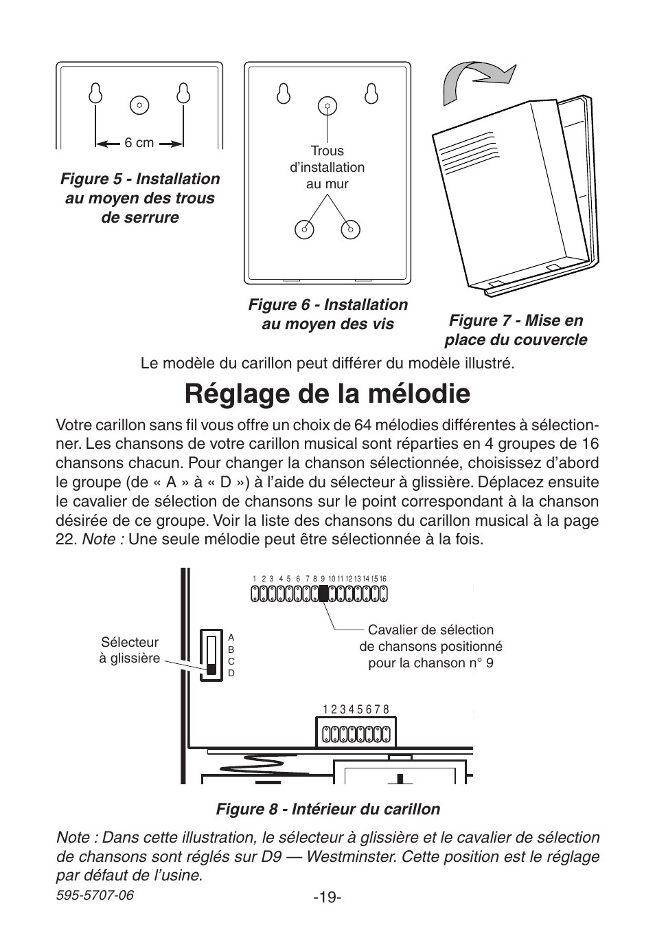 Ba tt e ry b a tt e ry b a tt e ry, Réglage de la mélodie | Heath Zenith 595-5707-06 User Manual | Page 19 / 24