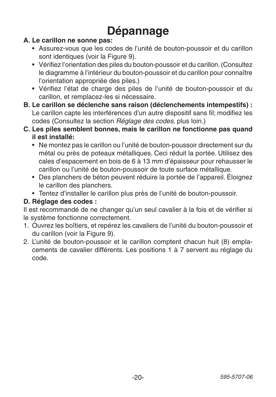Dépannage | Heath Zenith 595-5707-06 User Manual | Page 20 / 24