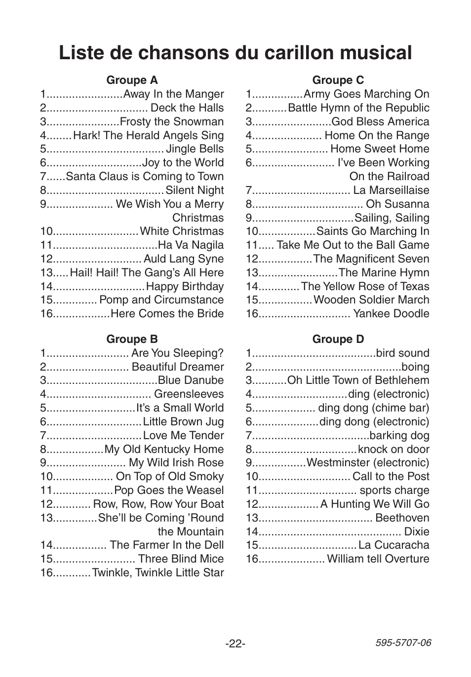 Liste de chansons du carillon musical | Heath Zenith 595-5707-06 User Manual | Page 22 / 24
