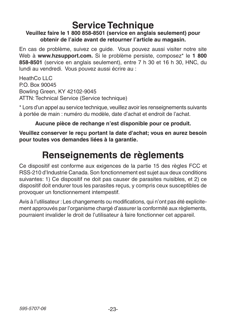 Service technique, Renseignements de règlements | Heath Zenith 595-5707-06 User Manual | Page 23 / 24