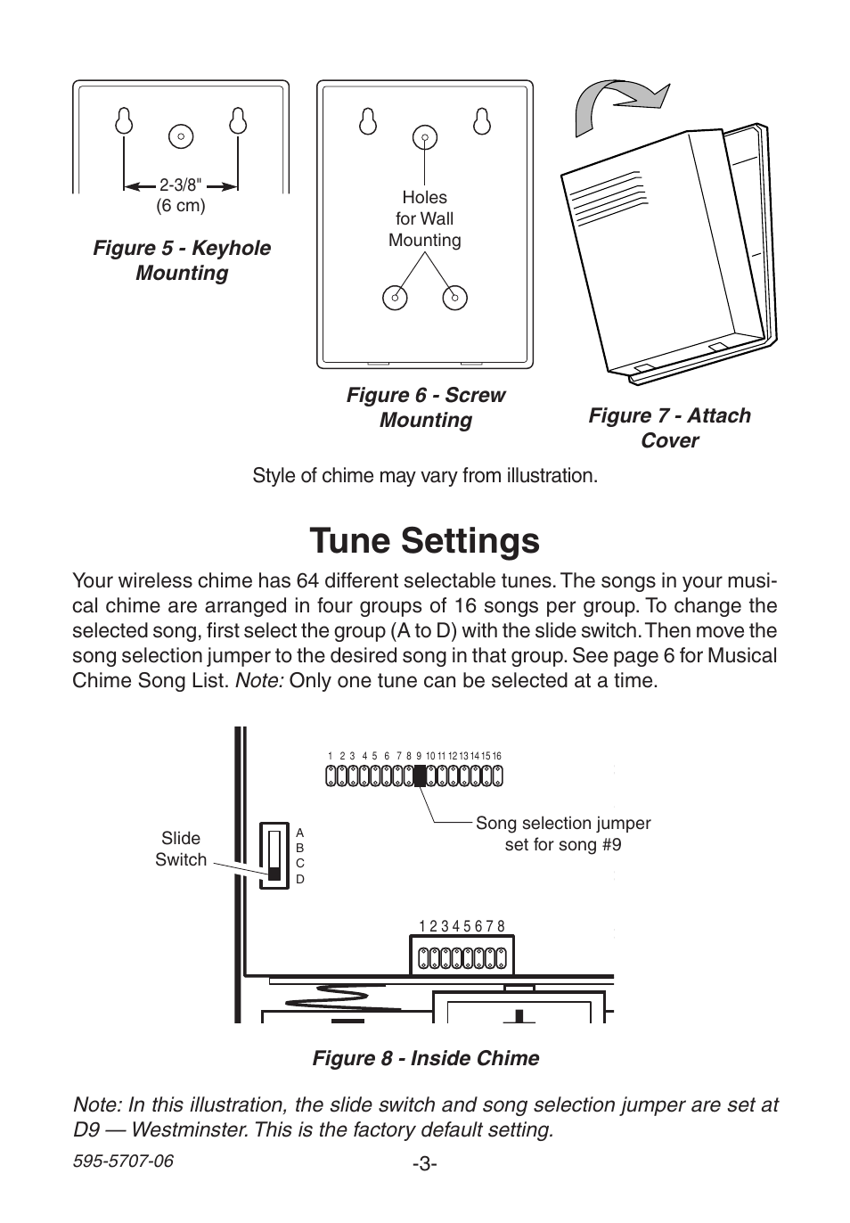 Ba tt e ry b a tt e ry b a tt e ry, Tune settings | Heath Zenith 595-5707-06 User Manual | Page 3 / 24