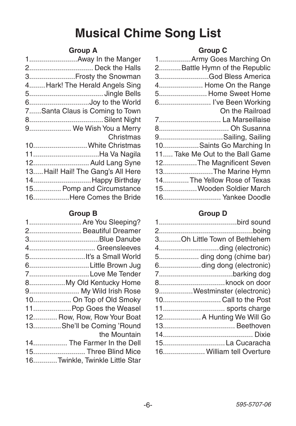 Musical chime song list | Heath Zenith 595-5707-06 User Manual | Page 6 / 24
