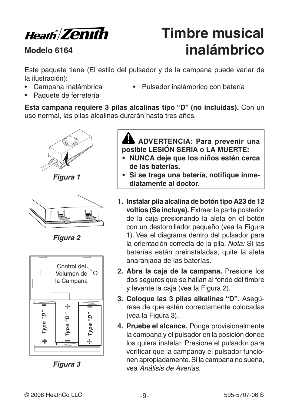 Timbre musical inalámbrico, Modelo 6164 | Heath Zenith 595-5707-06 User Manual | Page 9 / 24