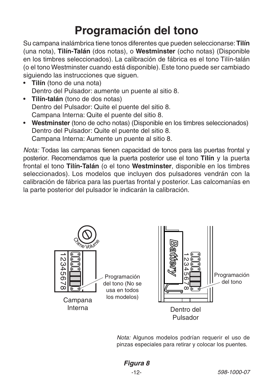 Programación del tono | Heath Zenith Decorative Wireless Chime 598-1000-07 User Manual | Page 12 / 24