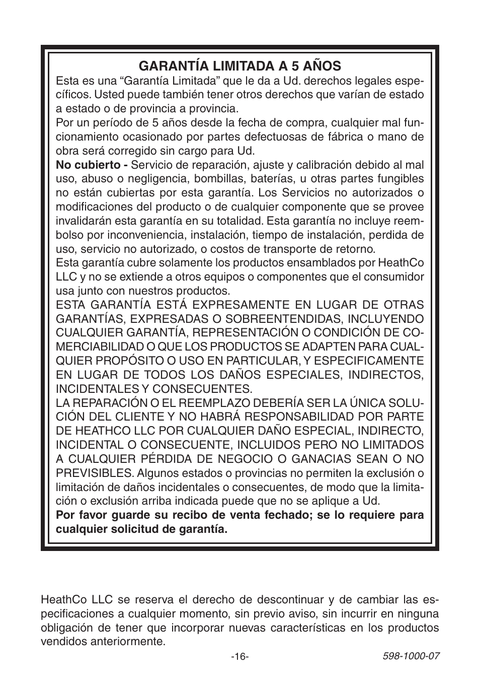 Garantía limitada a 5 años | Heath Zenith Decorative Wireless Chime 598-1000-07 User Manual | Page 16 / 24