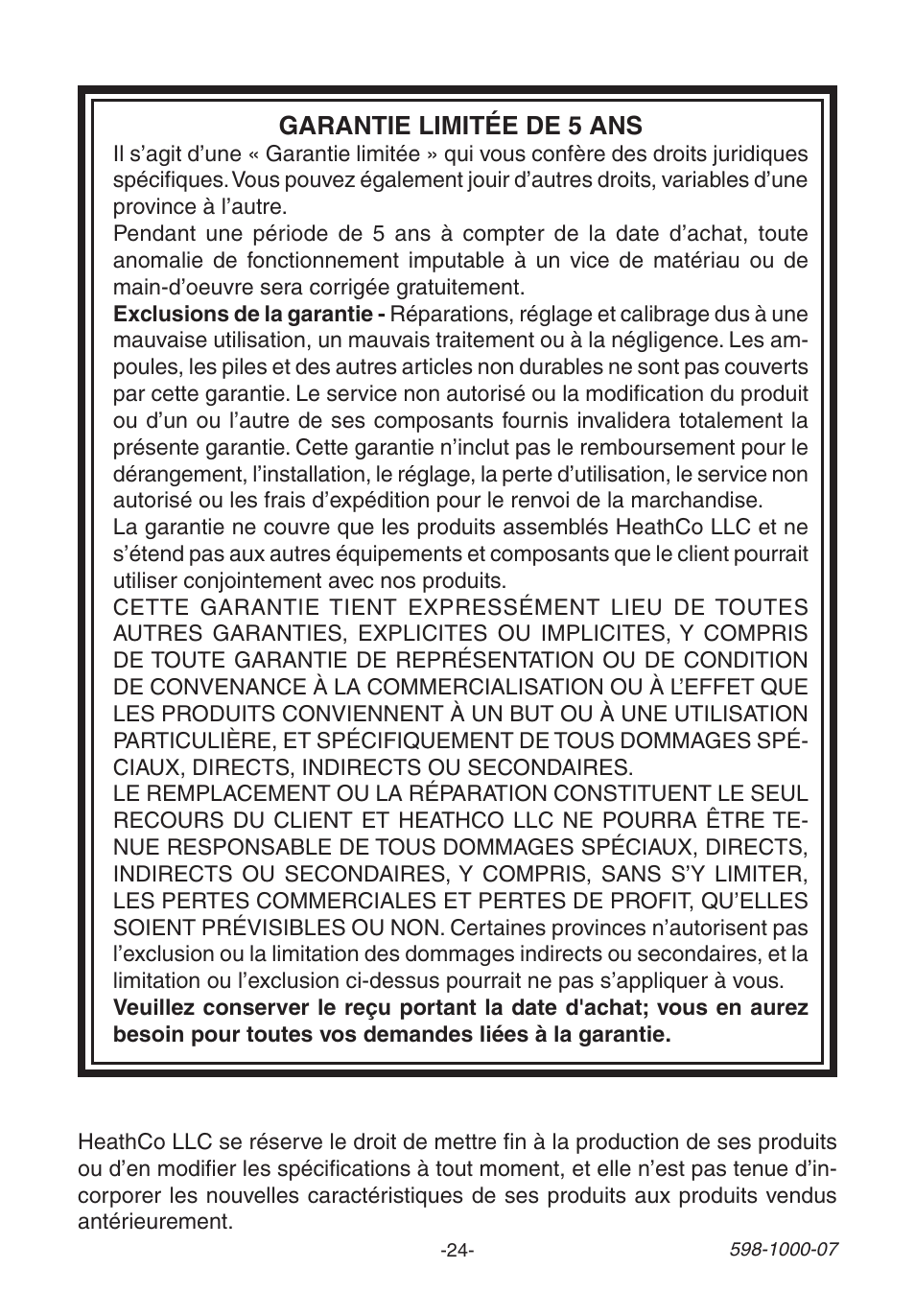 Garantie limitée de 5 ans | Heath Zenith Decorative Wireless Chime 598-1000-07 User Manual | Page 24 / 24