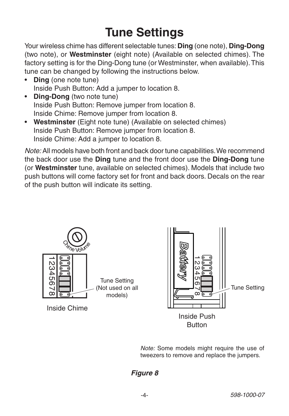 Tune settings | Heath Zenith Decorative Wireless Chime 598-1000-07 User Manual | Page 4 / 24