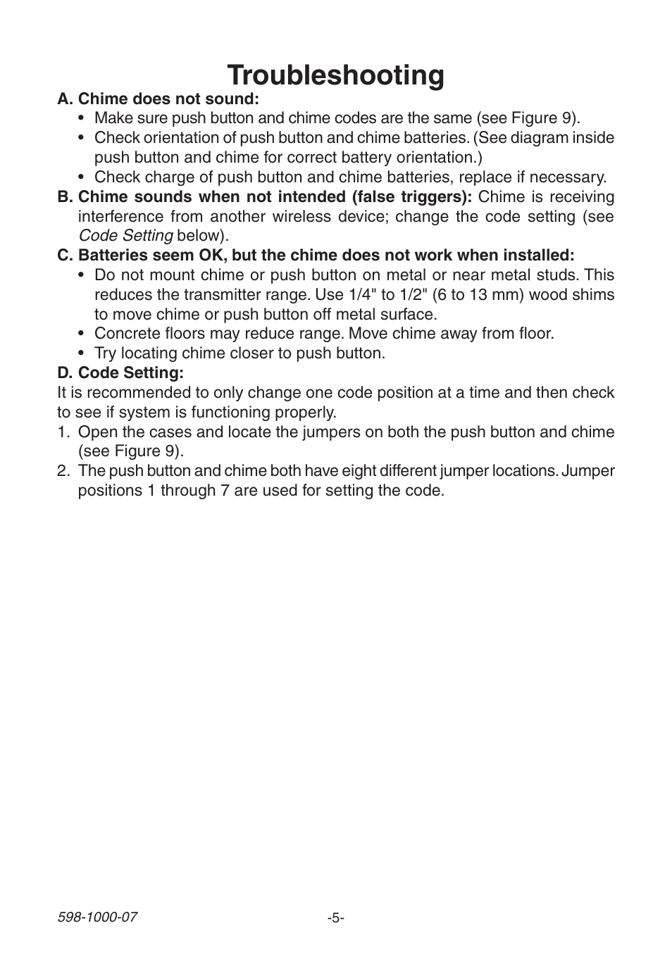 Troubleshooting | Heath Zenith Decorative Wireless Chime 598-1000-07 User Manual | Page 5 / 24