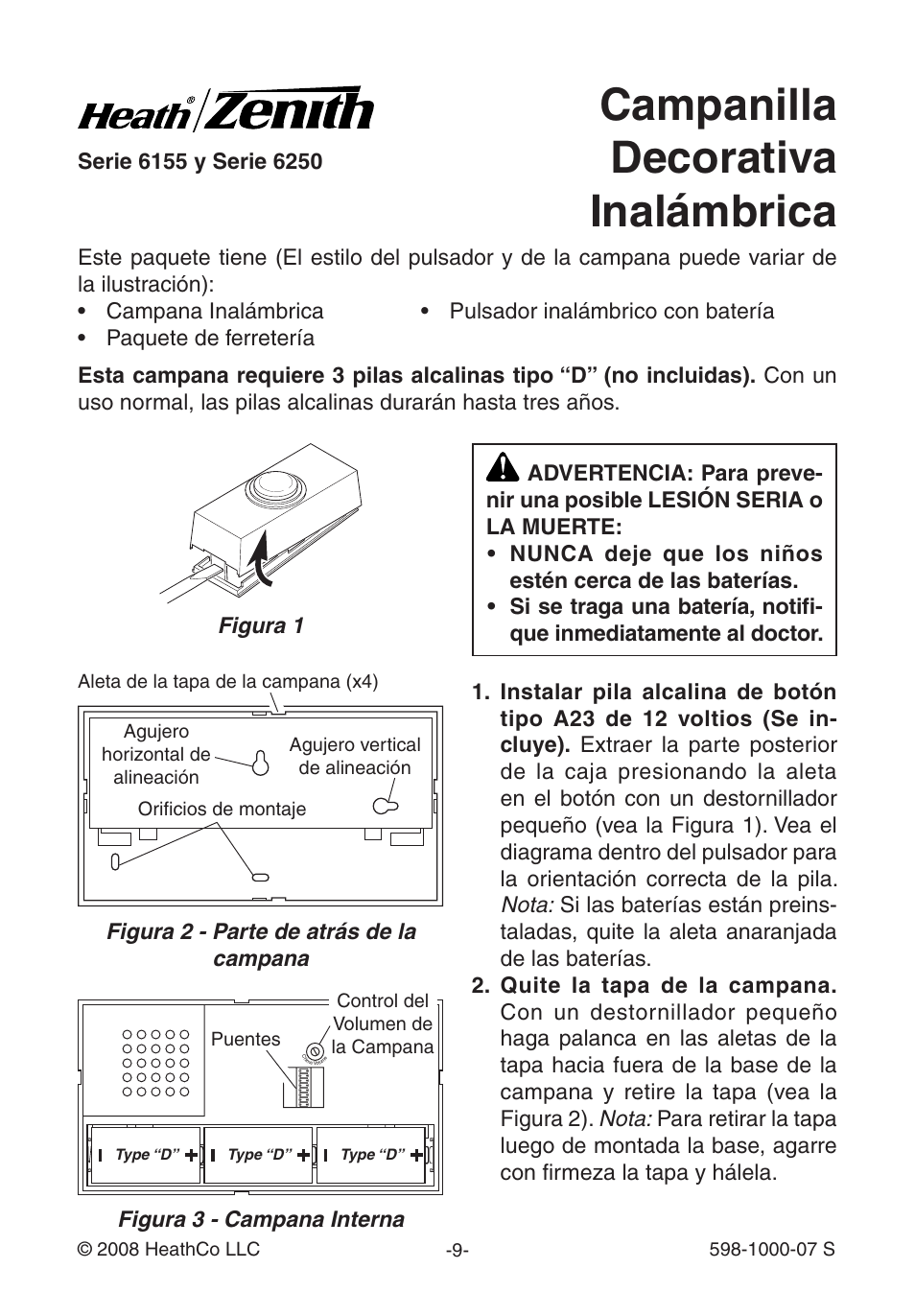 Campanilla decorativa inalámbrica | Heath Zenith Decorative Wireless Chime 598-1000-07 User Manual | Page 9 / 24