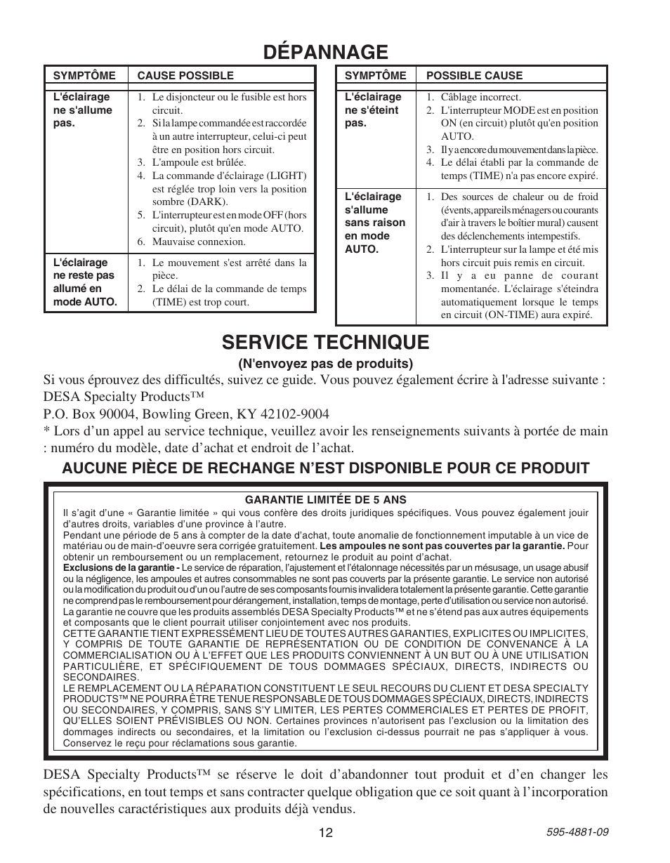 Dépannage, Service technique | Heath Zenith SL-6105 User Manual | Page 12 / 12