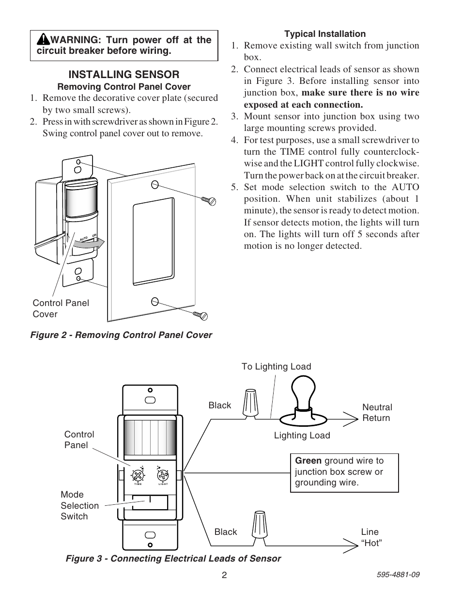 Installing sensor | Heath Zenith SL-6105 User Manual | Page 2 / 12