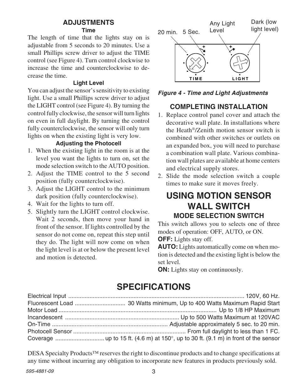 Using motion sensor wall switch, Specifications | Heath Zenith SL-6105 User Manual | Page 3 / 12