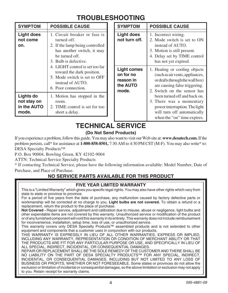 Troubleshooting, Technical service | Heath Zenith SL-6105 User Manual | Page 4 / 12