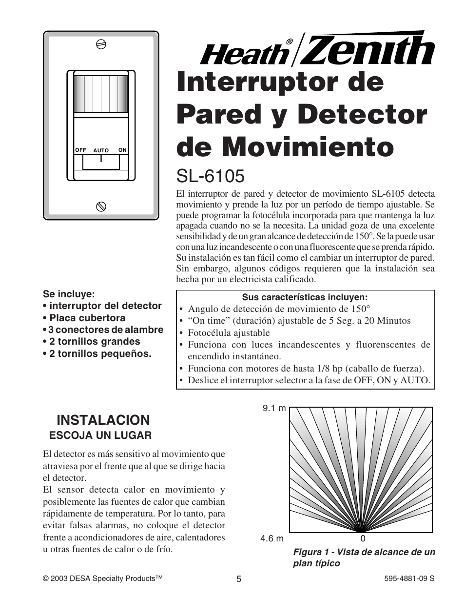 Interruptor de pared y detector de movimiento, Sl-6105, Instalacion | Heath Zenith SL-6105 User Manual | Page 5 / 12