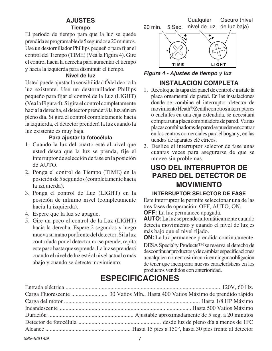 Especificaciones | Heath Zenith SL-6105 User Manual | Page 7 / 12