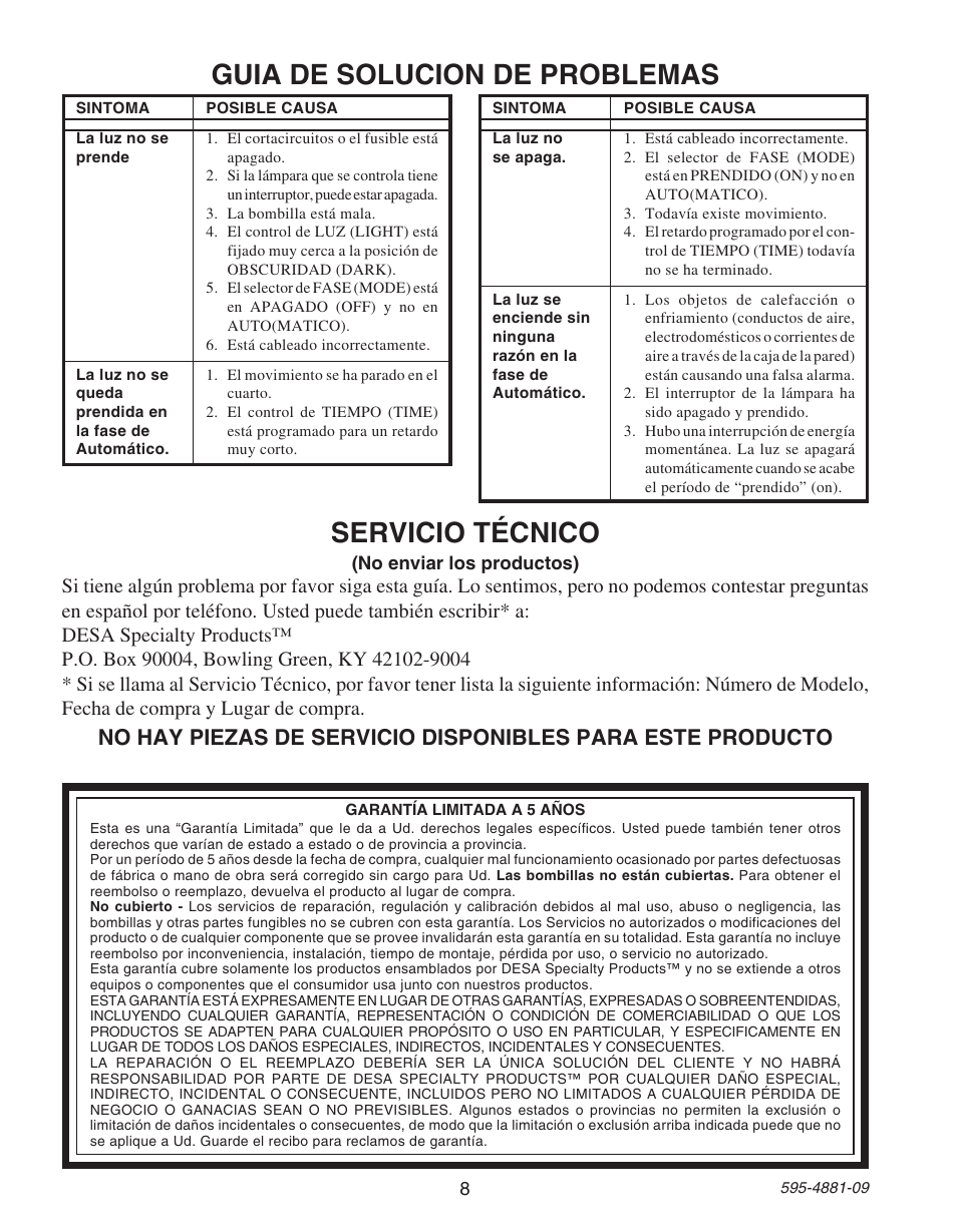 Guia de solucion de problemas, Servicio técnico | Heath Zenith SL-6105 User Manual | Page 8 / 12