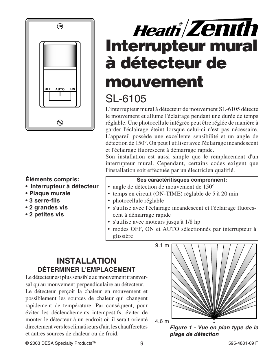 Interrupteur mural à détecteur de mouvement, Sl-6105, Installation | Heath Zenith SL-6105 User Manual | Page 9 / 12