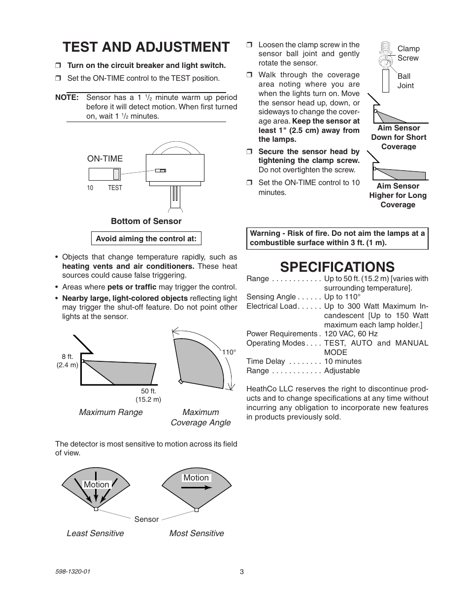 Test and adjustment, Specifications | Heath Zenith BL-1100 User Manual | Page 3 / 12