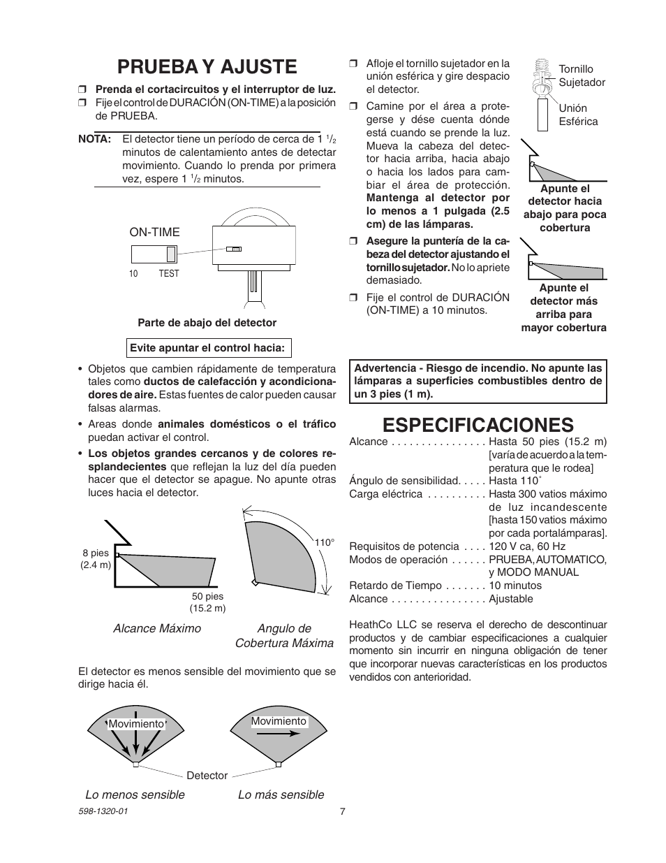 Prueba y ajuste, Especificaciones | Heath Zenith BL-1100 User Manual | Page 7 / 12