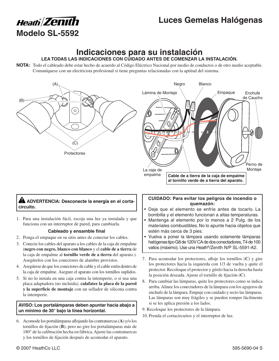 Luces gemelas halógenas modelo sl-5592, Indicaciones para su instalación | Heath Zenith SL-5592 User Manual | Page 2 / 4