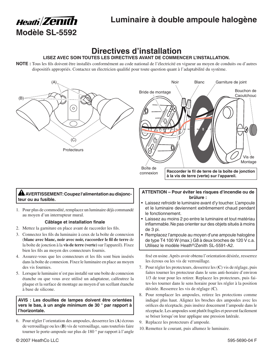 Luminaire à double ampoule halogène modèle sl-5592, Directives d’installation | Heath Zenith SL-5592 User Manual | Page 3 / 4