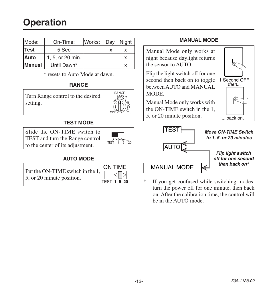 Operation, Manual mode auto test | Heath Zenith All MetAl Motion SenSor HD-9260 User Manual | Page 12 / 42