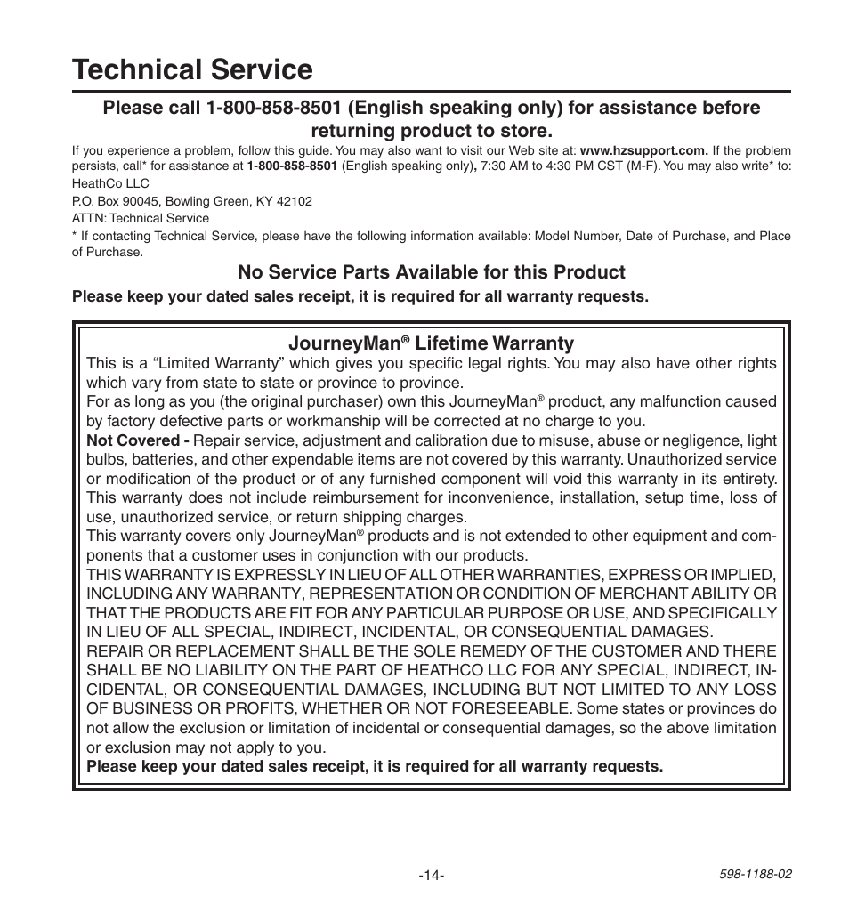 Technical service, Journeyman, Lifetime warranty | No service parts available for this product | Heath Zenith All MetAl Motion SenSor HD-9260 User Manual | Page 14 / 42