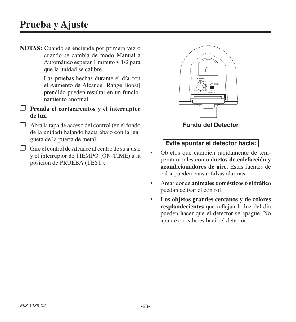 Prueba y ajuste | Heath Zenith All MetAl Motion SenSor HD-9260 User Manual | Page 23 / 42