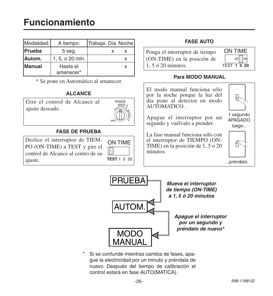 Funcionamiento, Prueba autom. modo manual | Heath Zenith All MetAl Motion SenSor HD-9260 User Manual | Page 26 / 42