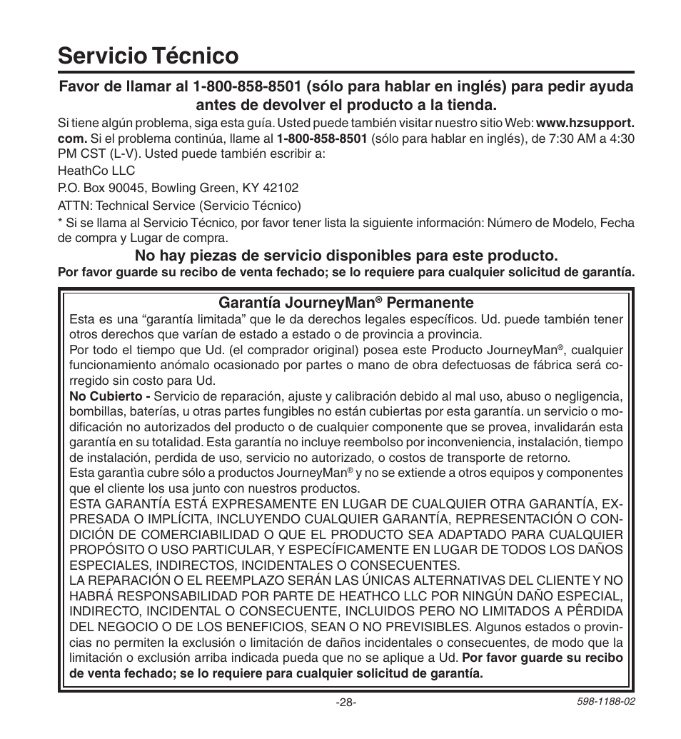 Servicio técnico, Garantía journeyman, Permanente | Heath Zenith All MetAl Motion SenSor HD-9260 User Manual | Page 28 / 42