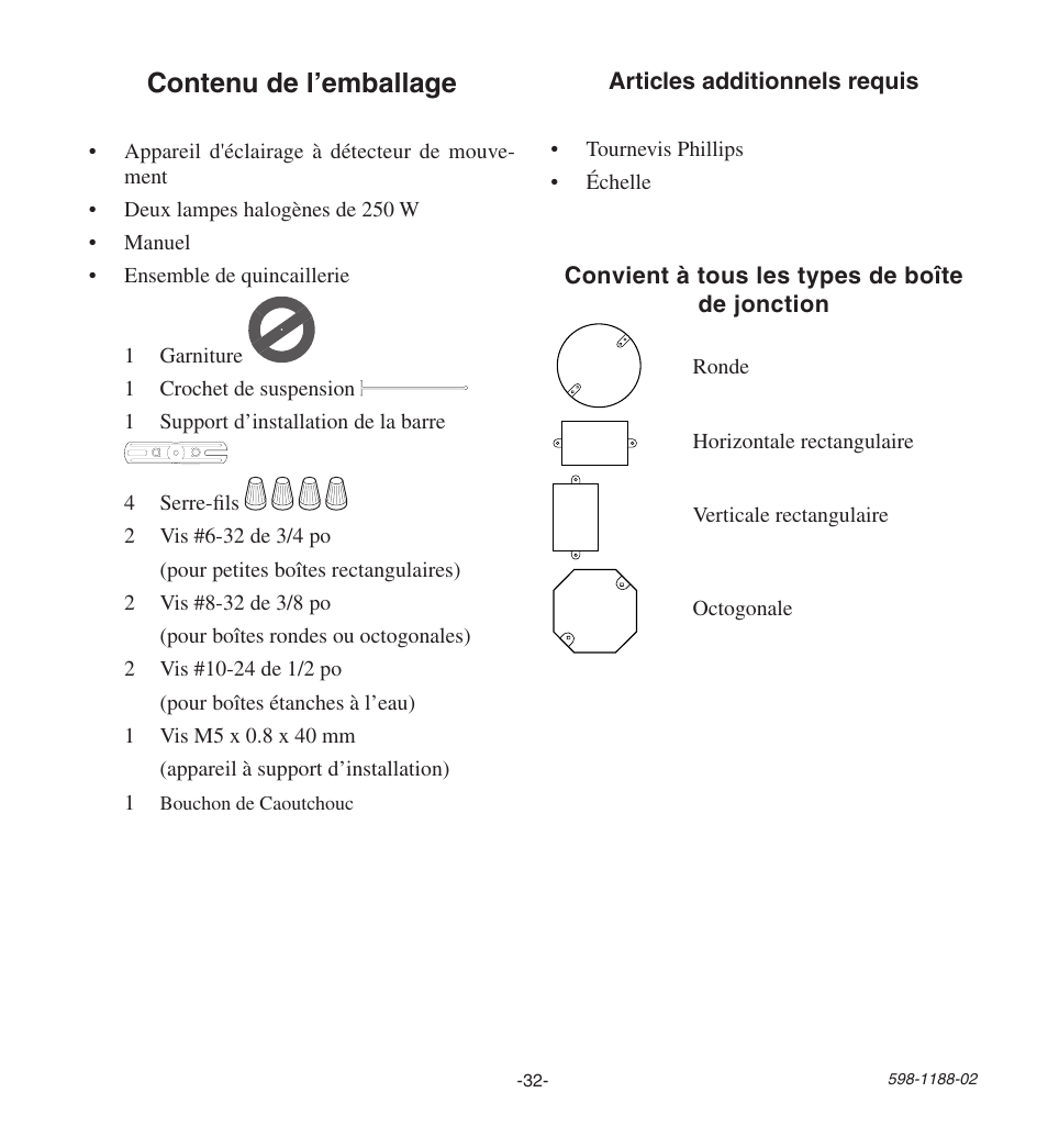 Contenu de l’emballage | Heath Zenith All MetAl Motion SenSor HD-9260 User Manual | Page 32 / 42