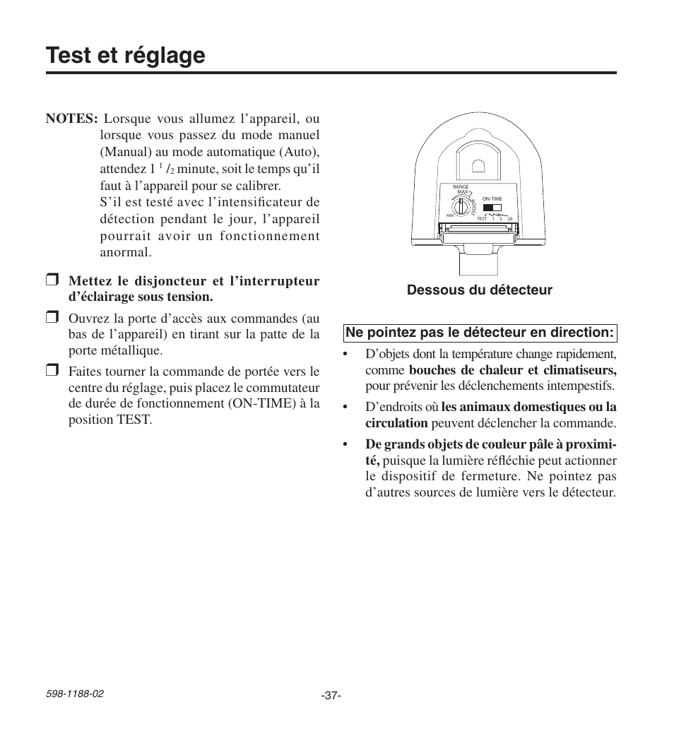 Test et réglage | Heath Zenith All MetAl Motion SenSor HD-9260 User Manual | Page 37 / 42