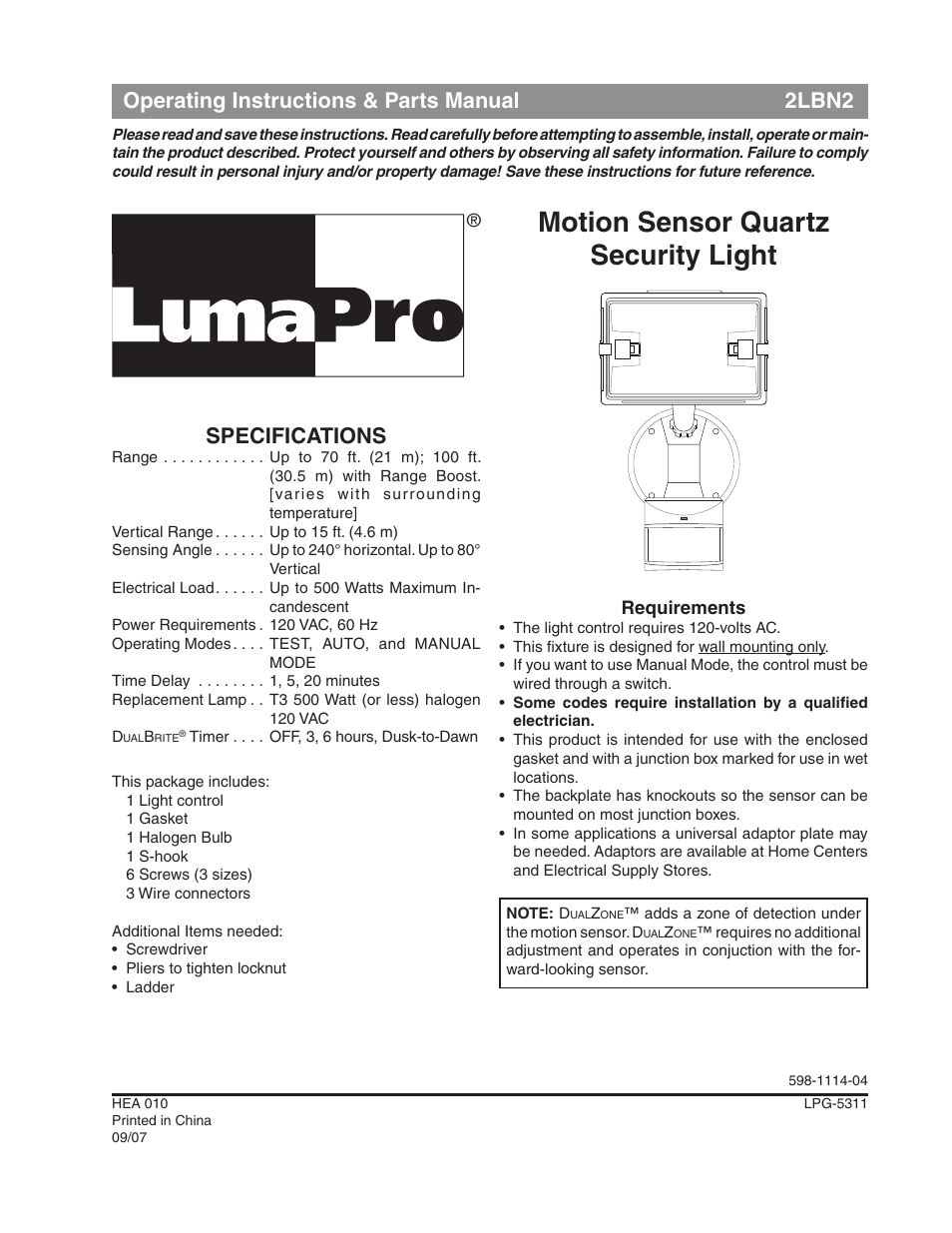 Heath Zenith Motion Sensor Quartz Security Light 2LBN2 User Manual | 16 pages