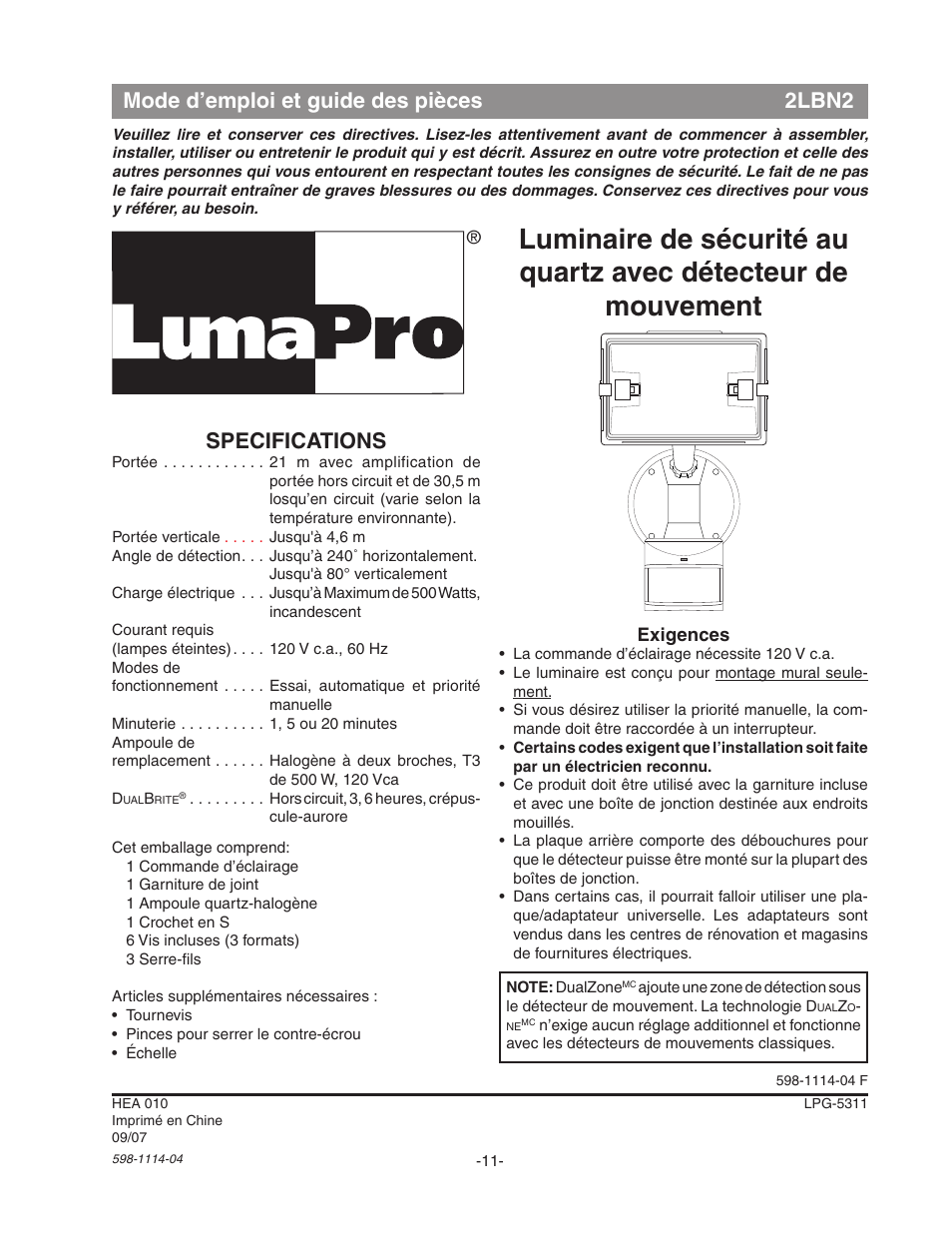 Heath Zenith Motion Sensor Quartz Security Light 2LBN2 User Manual | Page 11 / 16