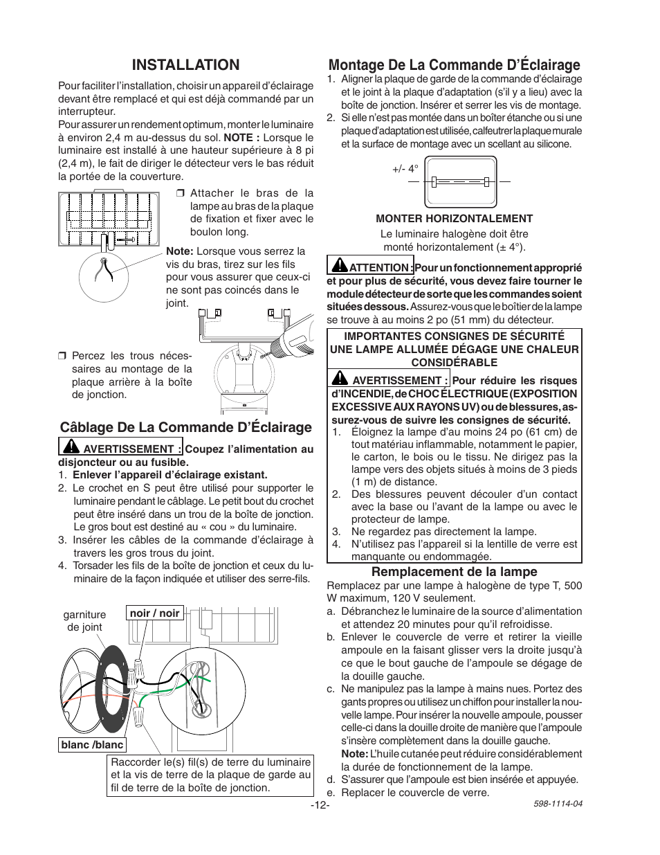 Installation, Montage de la commande d’éclairage, Câblage de la commande d’éclairage | Heath Zenith Motion Sensor Quartz Security Light 2LBN2 User Manual | Page 12 / 16