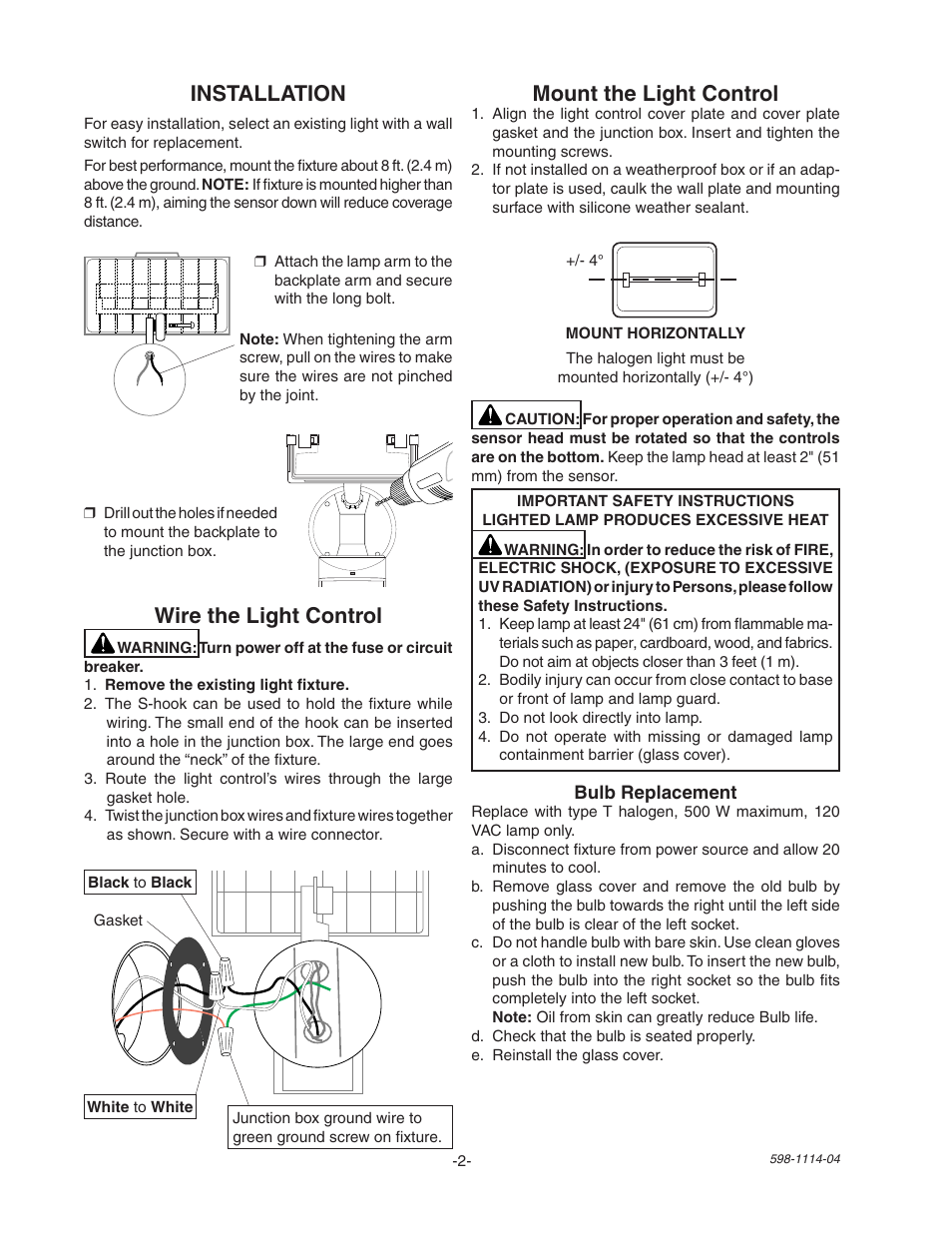 Installation wire the light control, Mount the light control | Heath Zenith Motion Sensor Quartz Security Light 2LBN2 User Manual | Page 2 / 16