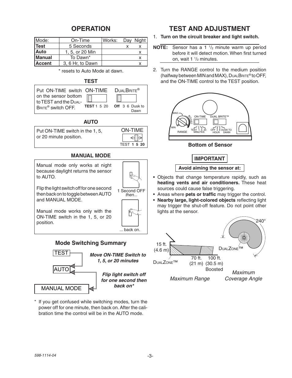 Operation, Test and adjustment, Mode switching summary | Heath Zenith Motion Sensor Quartz Security Light 2LBN2 User Manual | Page 3 / 16