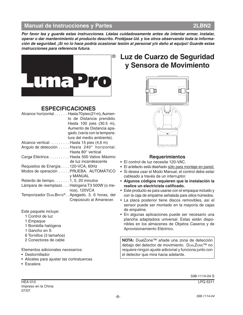 Luz de cuarzo de seguridad y sensora de movimiento | Heath Zenith Motion Sensor Quartz Security Light 2LBN2 User Manual | Page 6 / 16