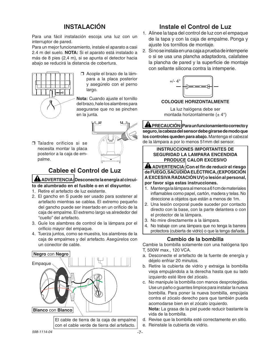 Instalación cablee el control de luz, Instale el control de luz | Heath Zenith Motion Sensor Quartz Security Light 2LBN2 User Manual | Page 7 / 16