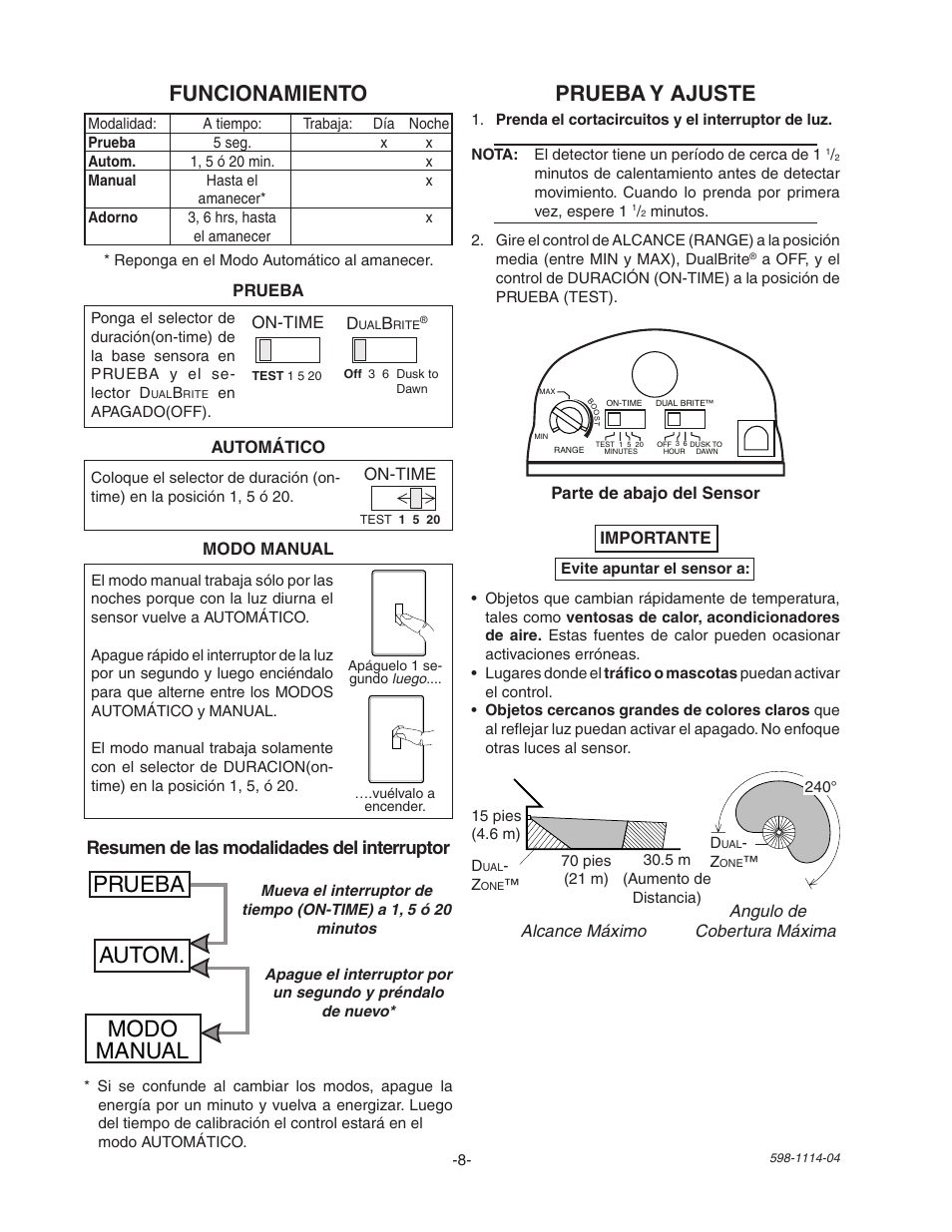 Prueba autom. modo manual, Funcionamiento, Prueba y ajuste | Resumen de las modalidades del interruptor | Heath Zenith Motion Sensor Quartz Security Light 2LBN2 User Manual | Page 8 / 16