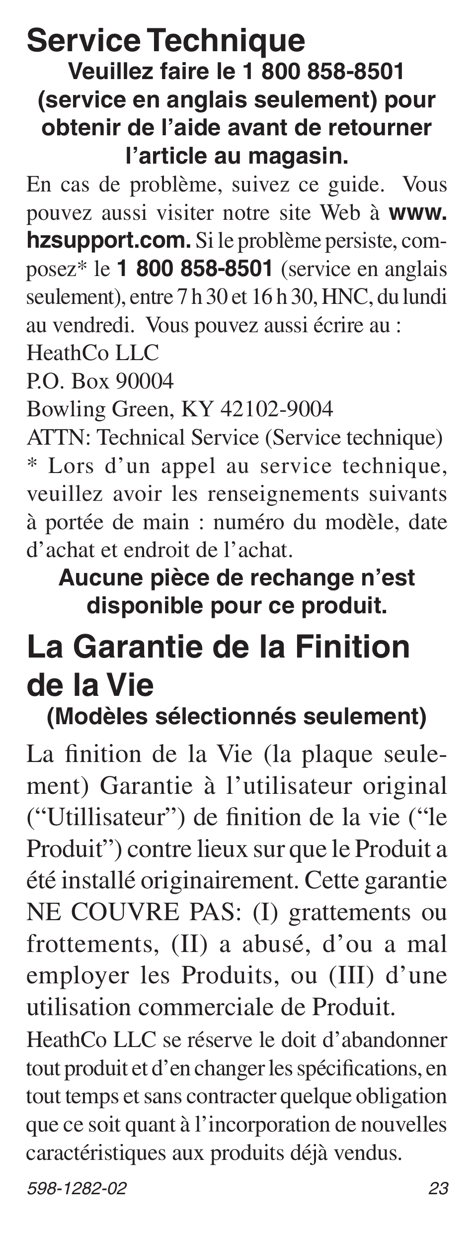La garantie de la finition de la vie, Service technique | Heath Zenith 598-1282-02 User Manual | Page 23 / 24