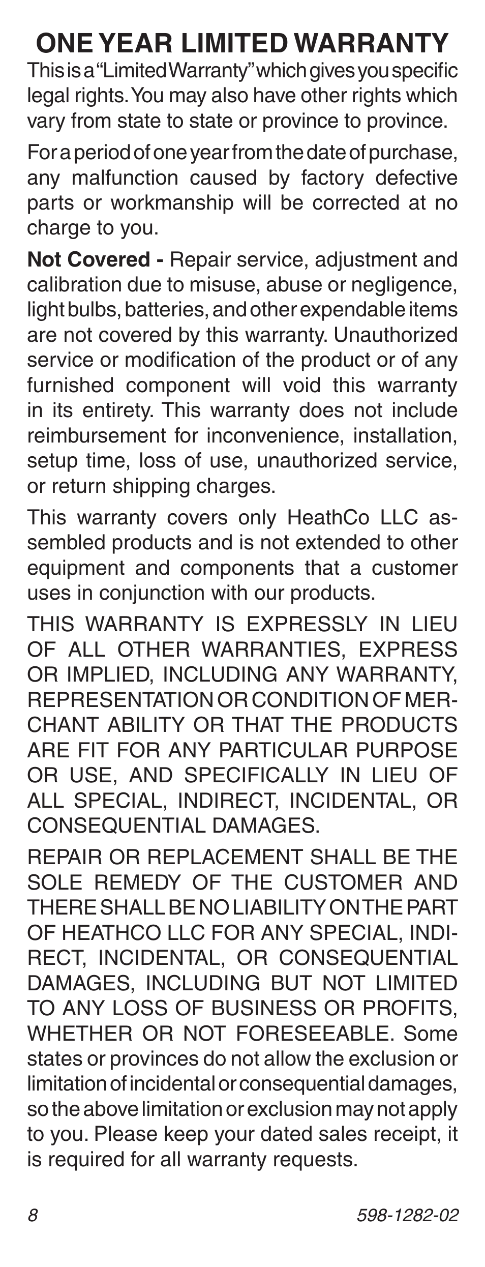 One year limited warranty | Heath Zenith 598-1282-02 User Manual | Page 8 / 24