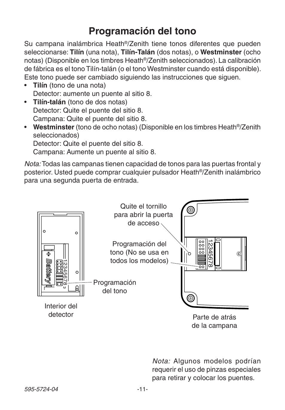 Programación del tono | Heath Zenith 6168 User Manual | Page 11 / 24