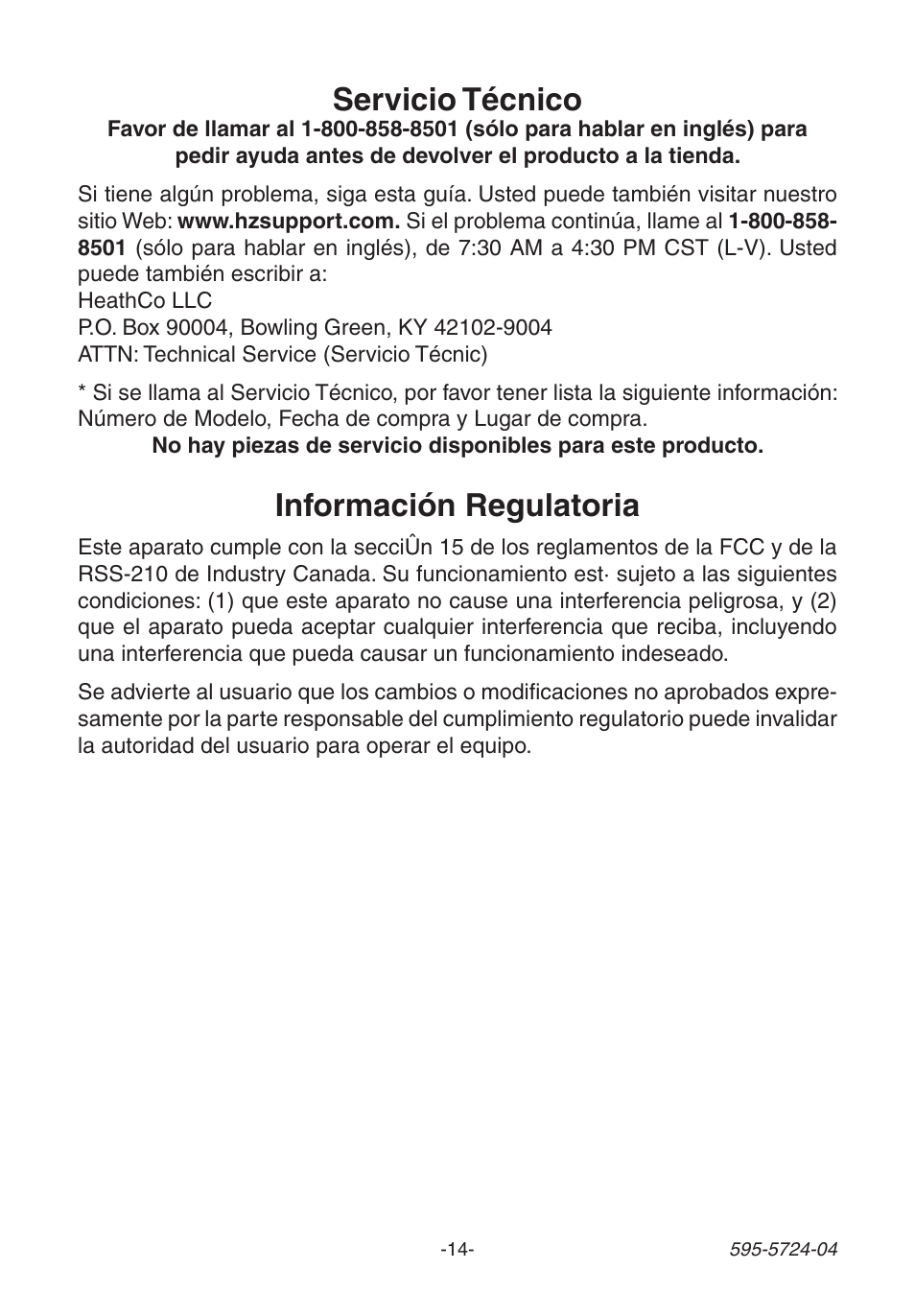 Información regulatoria, Servicio técnico | Heath Zenith 6168 User Manual | Page 14 / 24