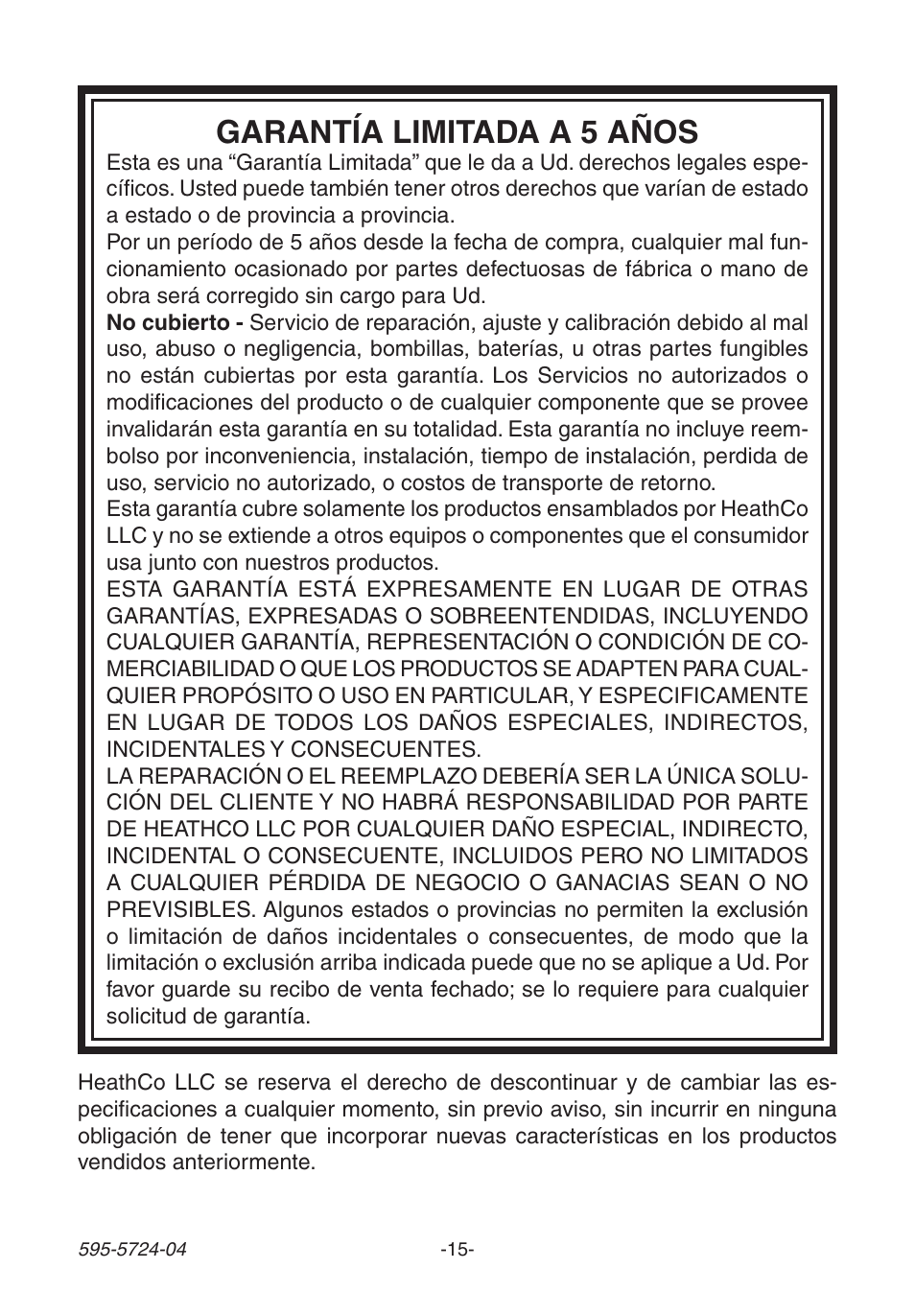 Garantía limitada a 5 años | Heath Zenith 6168 User Manual | Page 15 / 24