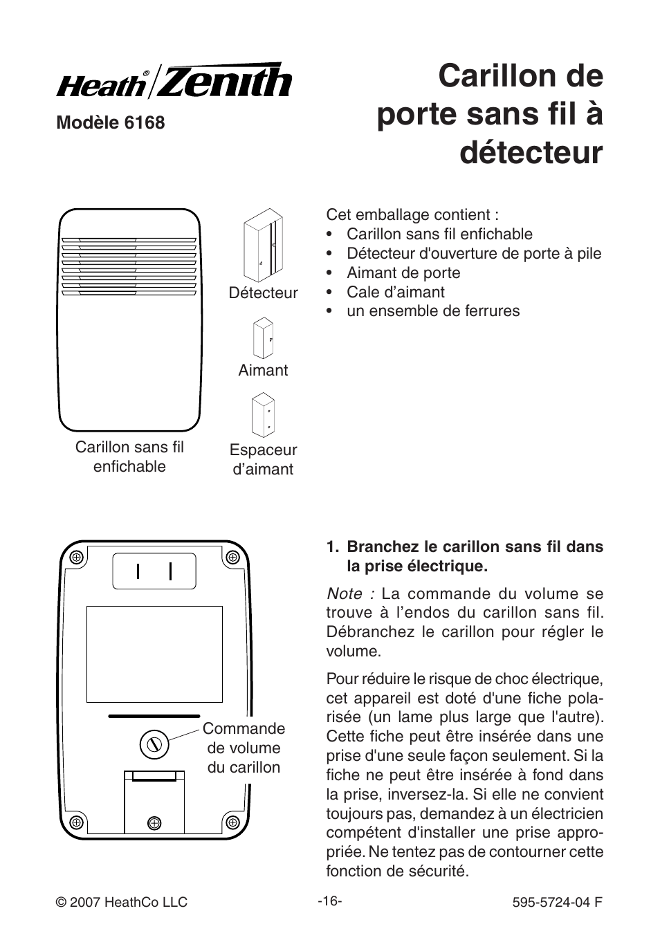 Carillon de porte sans fil à détecteur | Heath Zenith 6168 User Manual | Page 16 / 24